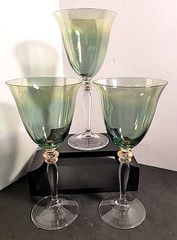 Cristalleria Fumo Crystal Hand Blown Green Wine Goblet Italy 8.5″ Tall Set of 3