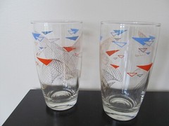 VTG Anchor Hocking Glass Tumbler Atomic Boomerang Red Blue Gold Charley Harper