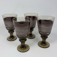 4 Vintage Libbey Glass Nova Brown Burgundy 7”Goblets Tall Drinking Glasses 14Oz.