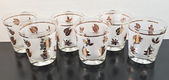 (6) Libbey Golden Foliage 6 Oz Old Fashioned Set Vintage Leaves Frosted MCM Lot