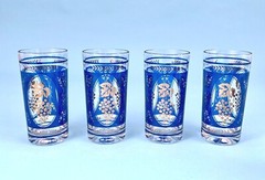 Vintage Hazel Atlas Blue & Gold Barware Set of 7 Highball Glasses and Ice Server