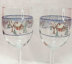 Vintage Libbey? Log Cabin Country Snow Scene 10oz Wine Glasses Set Of 2 EUC