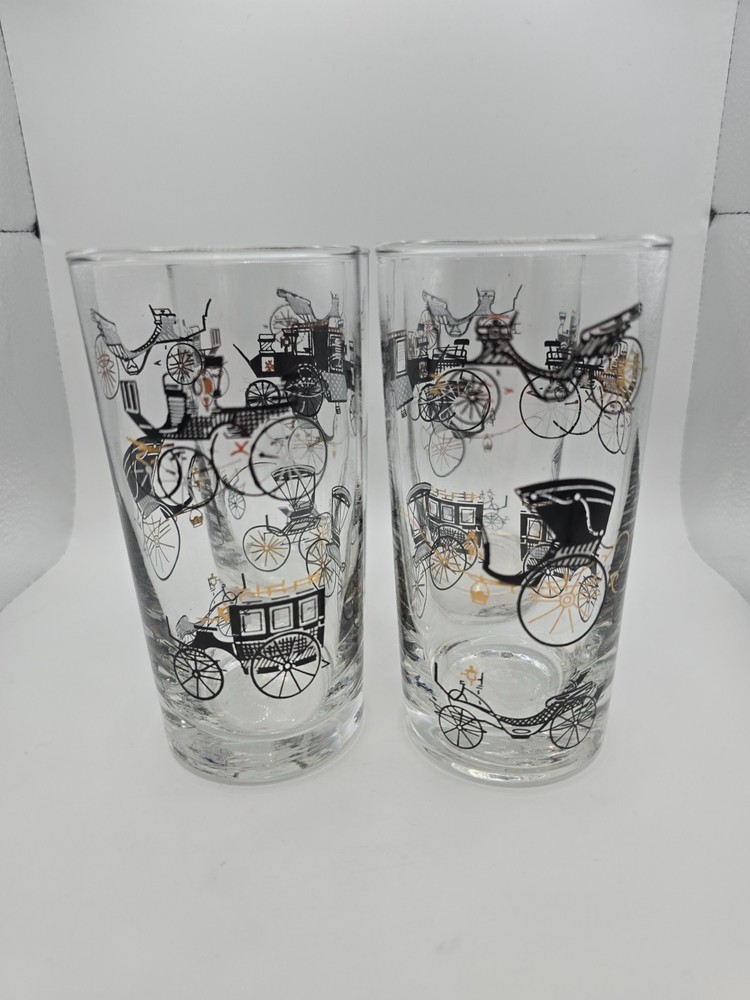 Vintage Libbey Set of 4 Old Time Carriage Highball Glasses Black Gold 5.5″