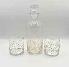 Contemporary Clear Glass Decanter & Two Old Fashion Glasses Gold Dots