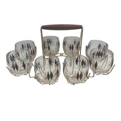 Vintage MCM Federal Glass Harlequin Black Diamond Roly Poly Glasses Caddy Set
