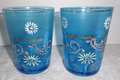 ART GLASS PITCHER & TUMBLERS VINTAGE LEMONADE SET-HANDPAINTED-RUFFLED RIM-TEAL