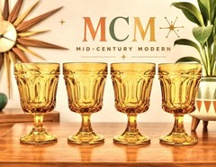 VTG Anchor Hocking Fairfield Amber Gold Wine Goblets MCM Stem Glasses Set of 4