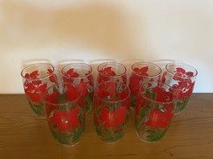Set Of 8 Vintage Anchor Hocking Red Hibiscus Drinking Glasses 4 7/8”