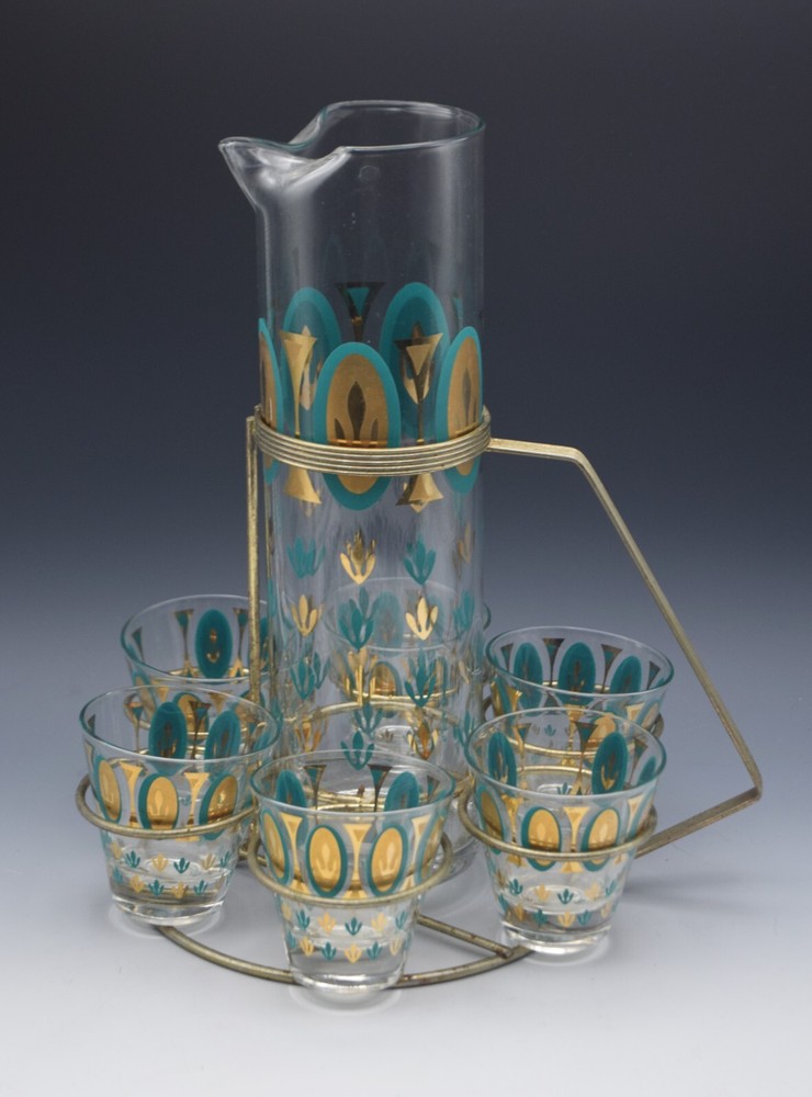 FRED PRESS MID CENTURY 22K GOLD TURQUOISE COCKTAIL CADDY SET ORIG HOLDER 8 PCS