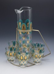 FRED PRESS MID CENTURY 22K GOLD TURQUOISE COCKTAIL CADDY SET ORIG HOLDER 8 PCS