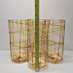 Set Of 4 Vintage Hand Blown Butterscotch Orange Drizzle Clear Glass Tumblers
