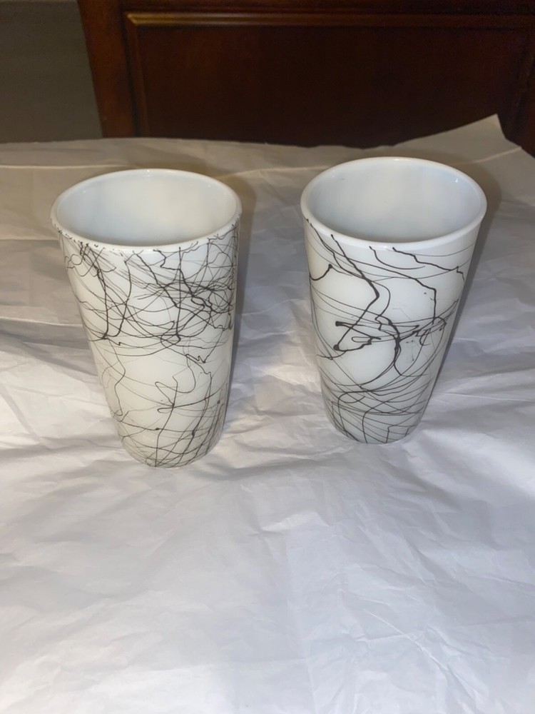 Vintage MCM Hazel Atlas Spaghetti String Black Drizzle Tumblers Glasses Set Of 2