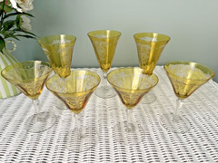 7 vintage Tiffin Arcadian Art Deco Topaz Etched Basket Design Footed Glasses