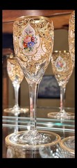 Enameled Floral Gold Gilt Crystal Wine Stems 6 Total Stemware RARE