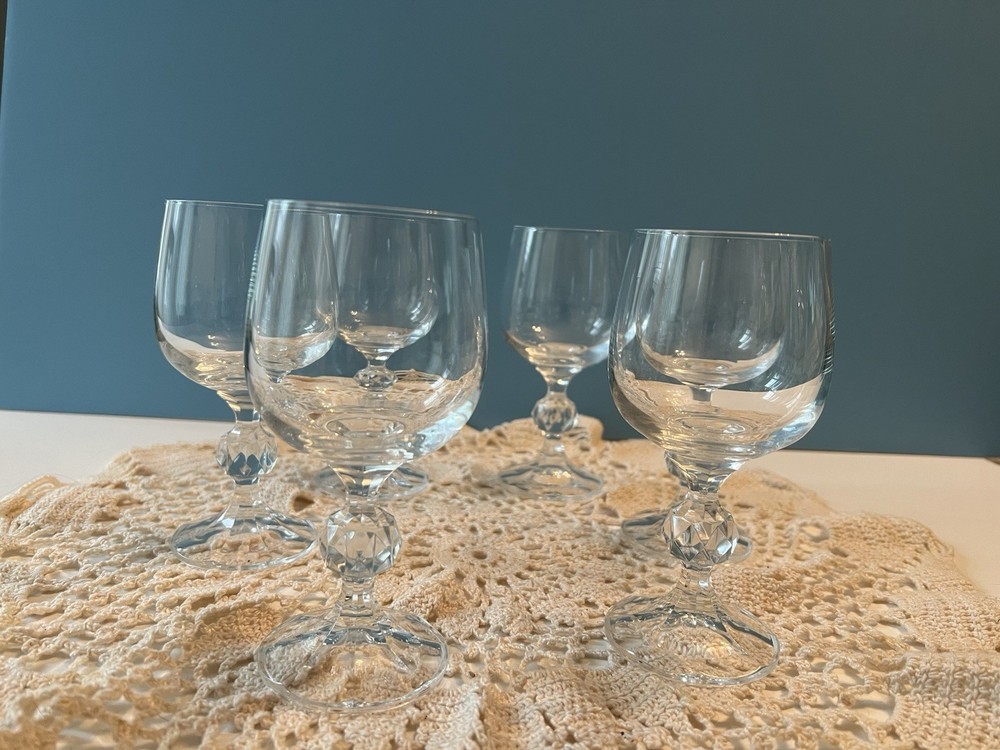 Vintage Crystal Wine Glasses Faceted Ball Stem Claudia Bohemia Style Goblet