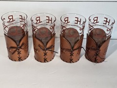4 Vintage Libbey BAMCO MCM Western Branding Decal Glasses w/Leather Holder 5.5”