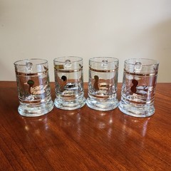 Culver 22K Gold Trim Glass Beer Mugs 4 Set Duck Mallard Pintail MCM Barware EUC