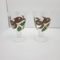 Set of 2 Holiday Plaid Ribbon Iced Tea wine water Glasses Goblet 5 5/8″