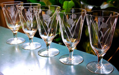 Vtg Set 5 Hand Cut Floral & Arch OPTIC DEPRESSION GLASS Iced Tea Goblets 6.25″