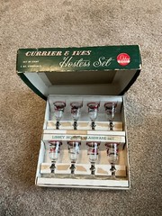 Vintage 8 Libbey Currier & Ives Cordials Glass Set W/Red Rim 1950’s Orig. Box