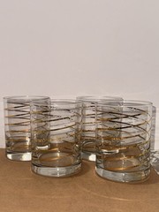 4 MCM Vintage Kraftware Gold Stripe Rocks Old Fashioned Low Ball Glasses