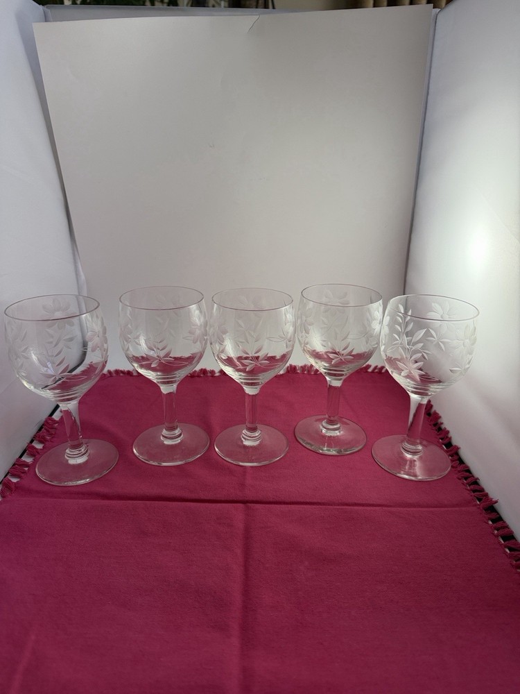 Vintage Fine Floral Cut Crystal Wine Goblets Glasses set of 5
