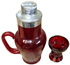Art Deco Barware Ruby Glass Chrome Cocktail Pitcher 12 Red Liquor/Cordial Cups