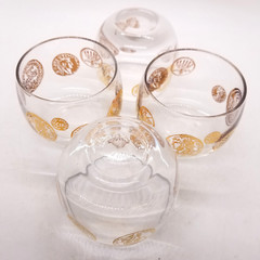 4 Federal Roman Gold Coin Roly Poly Glass Barware 2.25×2.5″ MCM Vintage Cocktail