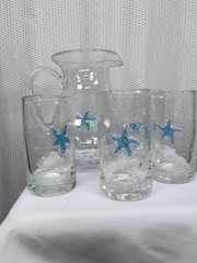 Lenox Nautical Satrfish Pitcher And 4 Matching Glasses, Bubble Glass, Heavy