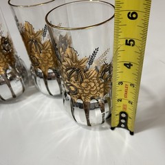 Set of 4 Vtg Gold Drinking Glasses Tumblers Leaf 6” Tall w/spring Coasters