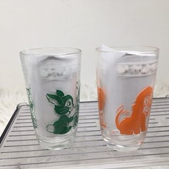 2 Vtg Kraft Swanky Swig Juice Glass Dog Cat RoosterBunny Kiddie Cups 4″ MCM