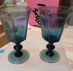 Vintage Lenox USA Antique Dark Blue Glass Water Goblet Panels Wafer Stem 6.75