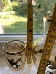 Clear & Gold Glass Bedside Carafe & Tumbler Water Set Gorgeous EUC 6” Tall
