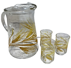 Vintage Libbey 2 QT Glass Pitcher w/ Ice Lip & 3 Glasses «Harvest Golden Wheat»