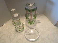Modern Drinkware 3 Pc. set Acrylic Lidded Pitcher & 2 Goblets Clear/Palm Tree
