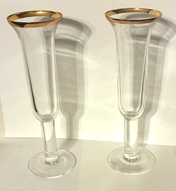 2 Neopolitan Gold Stephen Myers Champagne Flutes art glass signed Smyers