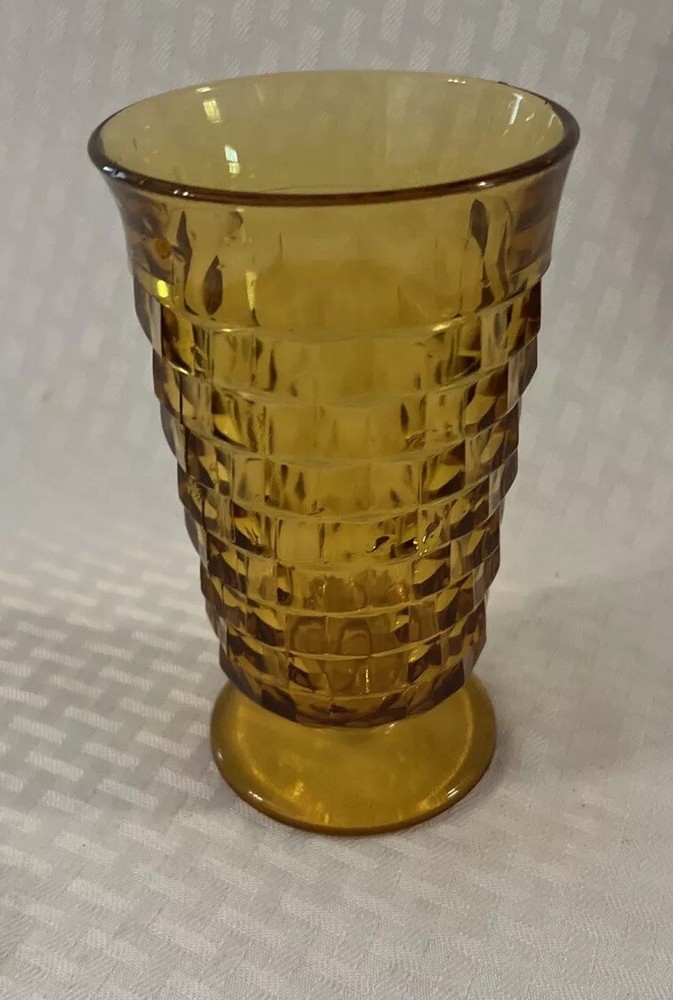 MCM VTG Indiana Whitehall Colony Amber Cubist Footed Tumbler – 12 oz