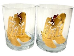 Culver Lowball Old Fashioned Glasses 22k Gold Cowboy Western Boots Set Of 2 Hot!