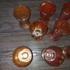 Vtg Set of 8 Carnival Glass Tumblers Marigold Orange Crackled Footed Juice Glass