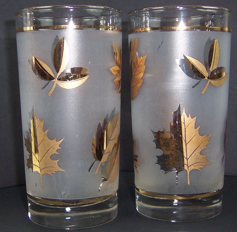 Vintage Libbey Golden Foliage Frosted Highball Glasses Gold Leaf MCM Set of 2