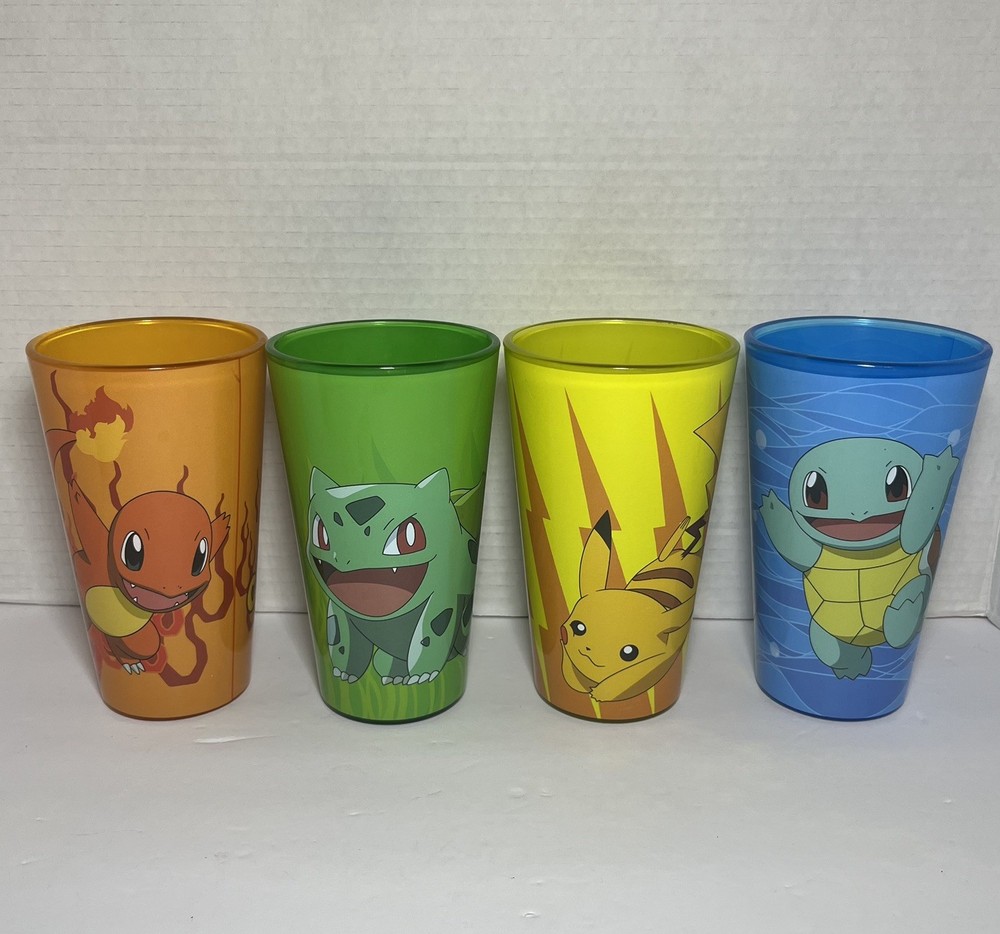 4 Just Funky POKEMON Drink Glasses Bulbasaur, Charmante, Squirtle, Pikachu LOT