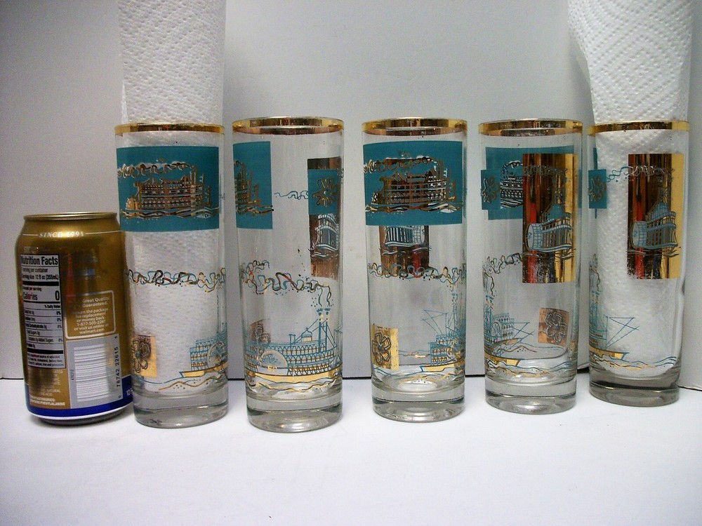 5 Turquoise & Gold Riverboat PaddlewheelerTumblers Glasses 7″ Tom Collins Cooler