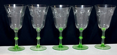Set 5 Weston Clear Crystal Green Stem Wine Goblet Cut Flower Horizontal Band