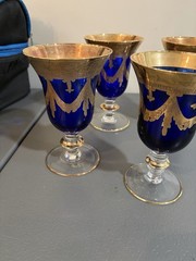 VTG Horchow Italian Cobalt Blue Crystal 4 Wine Water Goblets 6.25″ 24K Gold Trim