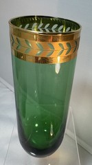 6-VTG MCM EMERALD GREEN TOM COLLINS GLASSES W GOLD LEAF RIM DESIGN