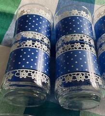 6 Vintage Anchor Hocking Tall Drinking Glasses Blue & White Polka Dots & Lace