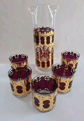 Mid Century Culver Cranberry Scroll Pitcher 5 Lowball Glasses 22Kt Gold Barware