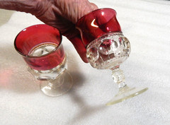 TWO Kings Crown Thumbprint Water Goblets Ruby Flash Stained 5 3/4″