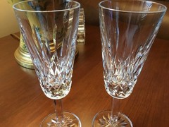 (2) WATERFORD Lismore Crystal Champagne Glasses Flutes~ 7.25″~IRELAND~Excellent