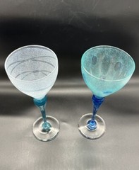 Pair Vintage Art Glass Blue Cocktail Wine Goblet Norway 1992 Signed Hadeland K.U